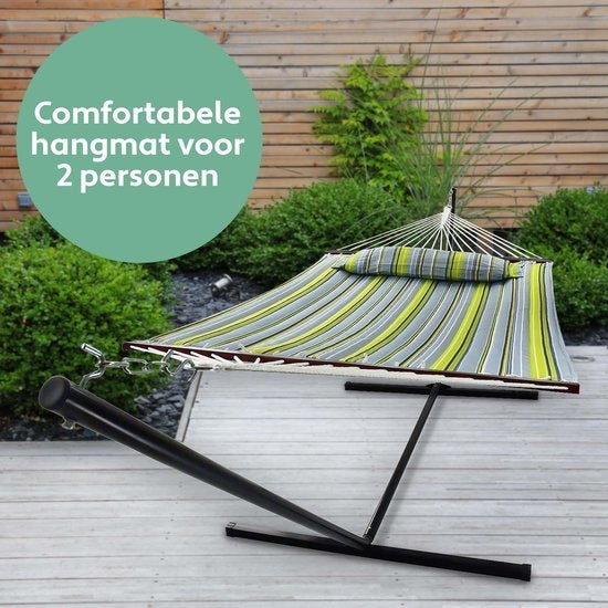 Vita5 Hangmat met Standaard en Spreidstok – 2 Persoons – Afneembaar kussen – Weerbestendig – Blauw/Groen