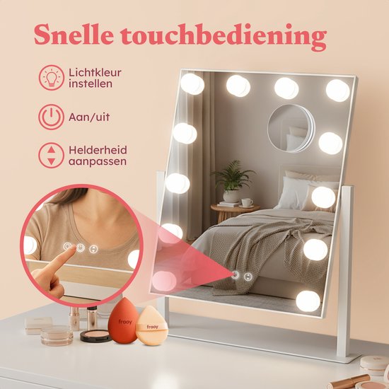 Fraay® Hollywood Spiegel met Verlichting 41x30cm - 3 Lichtstanden - Make Up Spiegel met 10x Vergrootspiegel - LED Verlichting Dimbaar - Incl. Beauty Blenders en Powder puff