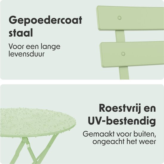 LifeGoods Bistroset - Staal - 3-delig - Tuinset - Inklapbaar - Balkonset met Tafel - Weerbestendig - Mintgroen