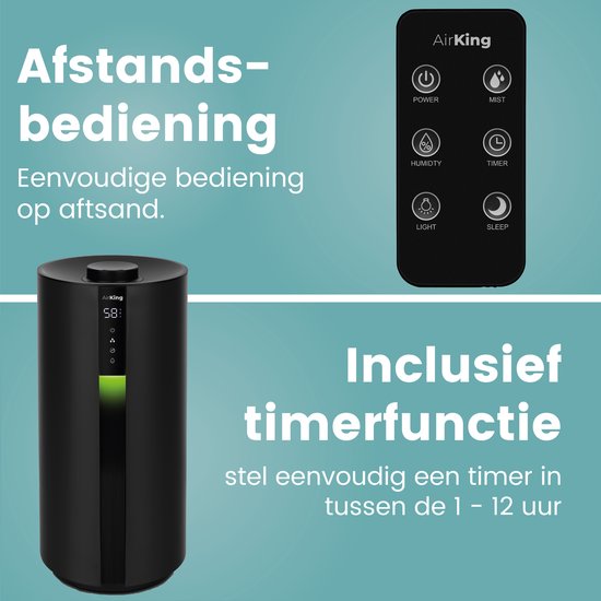 AirKing Luchtbevochtiger - Zwart - Topfill - Hygrometer - Aroma