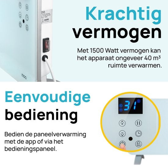 MOA Smart Glazen Paneelverwarmer met WiFi - Elektrische kachel - Convectorkachel - Paneelverwarming - Portable Heater - Wit - PH15W