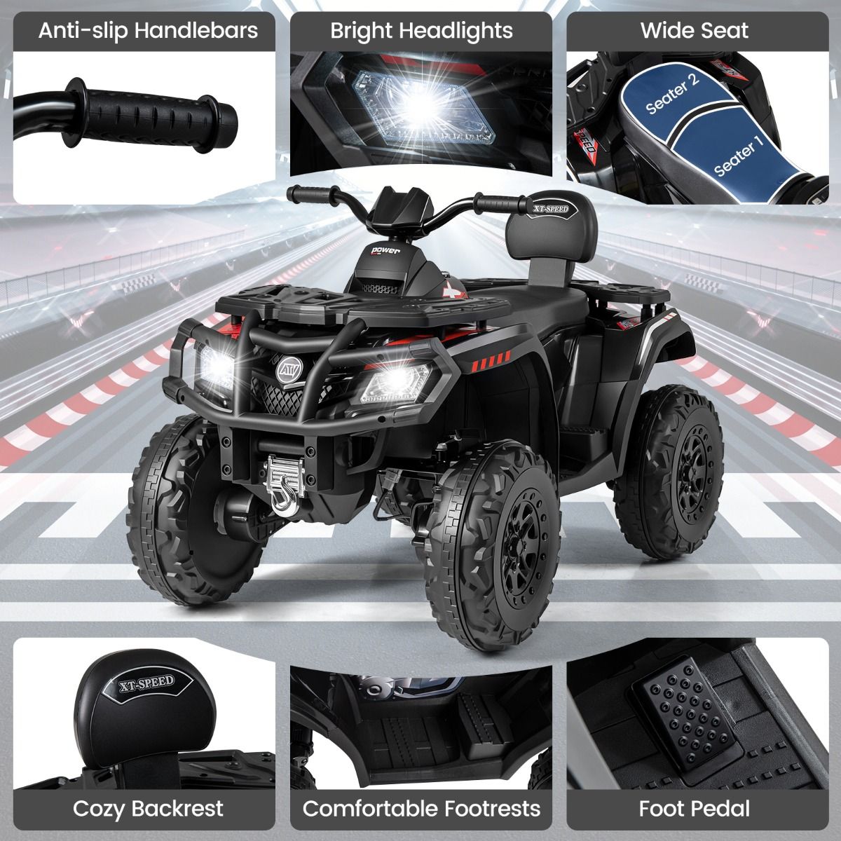 Coast elektrische kinderquad - 2 zitplaatsen - 4 motoren - zwart