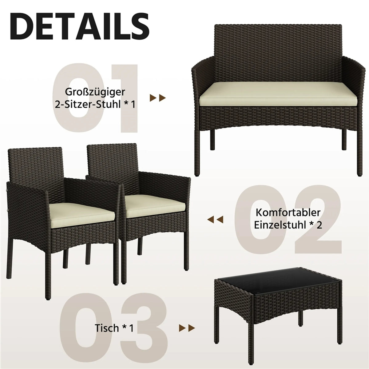 Yaheetech Polyrattan Loungeset 4-delig - 2-zitsbank en 2 Fauteuils met Glazen Tafel - 100 x 59,5 cm - Bruin met Beige Kussens