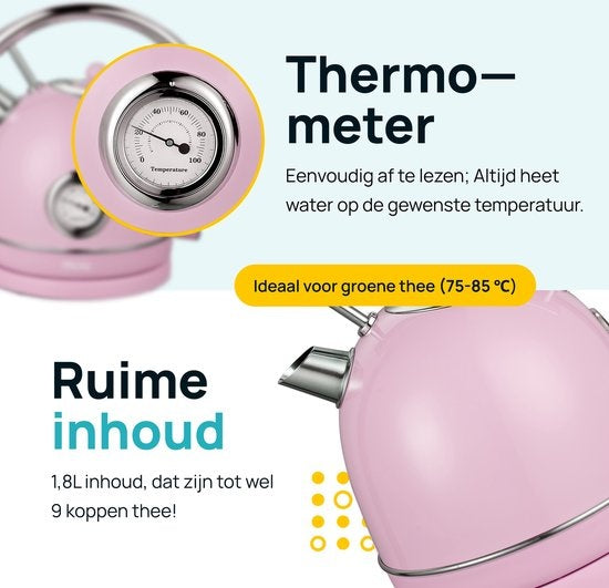 MOA Waterkoker Retro - 1.8L - RVS - BPA vrij - 2200W - 21.30x21.40x28.60 cm - Pastel roze