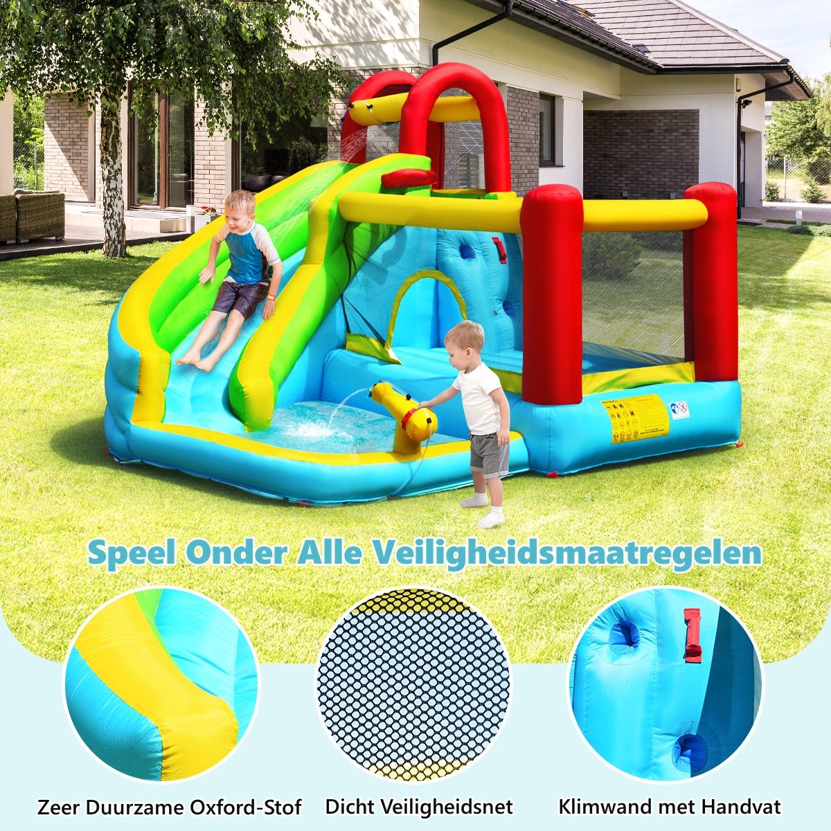 Coast Opblaasbaar Springkasteel 6-in-1 - Gebogen glijbaan - Klimmuur en waterkanon - 320 x 305 x 213 cm