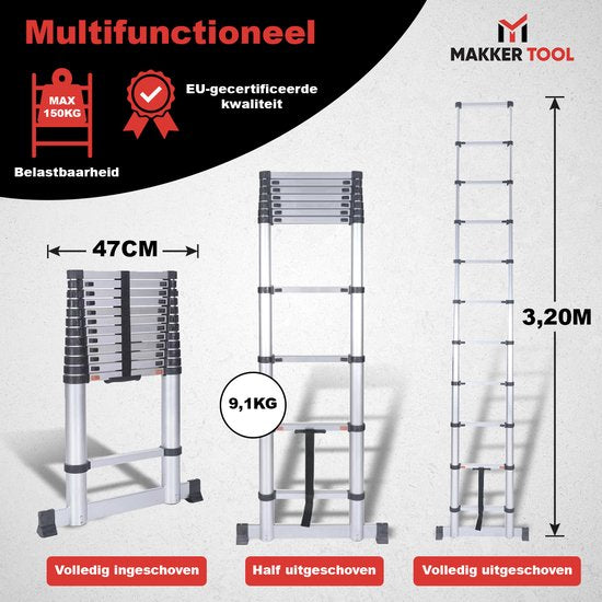 Makker Tool Telescoopladder 3,2 meter – Stabilisatievoet & Soft Close
