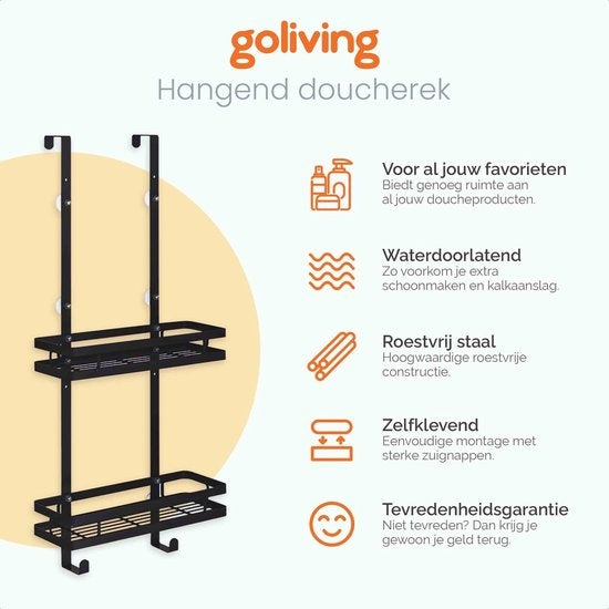 Goliving Doucherek - Doucherek zonder boren - 74 x 35 cm - Hangend doucherek - RVS - Twee laags - Zwart