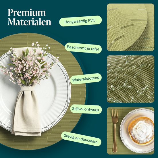 Castagnola Placemats - Placemat van Kunststof - Onderlegger - Onderzetter - Placemats Plastic en PVC - 6 Stuks - Diameter 37cm - Groen