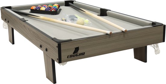 Cougar Pooltafel Mini 3 ft – Compacte Pooltafel in Eiken/Grijs – Opzettafel - Inclusief Ballen, Keuen, Triangel, Krijt & Borstel
