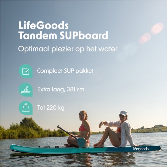 LifeGoods SUP Board Tandem - 2 Personen - 220 KG Draagkracht - 381 x 86 cm - Opblaasbaar - Compleet Sup pakket - Deep Aqua