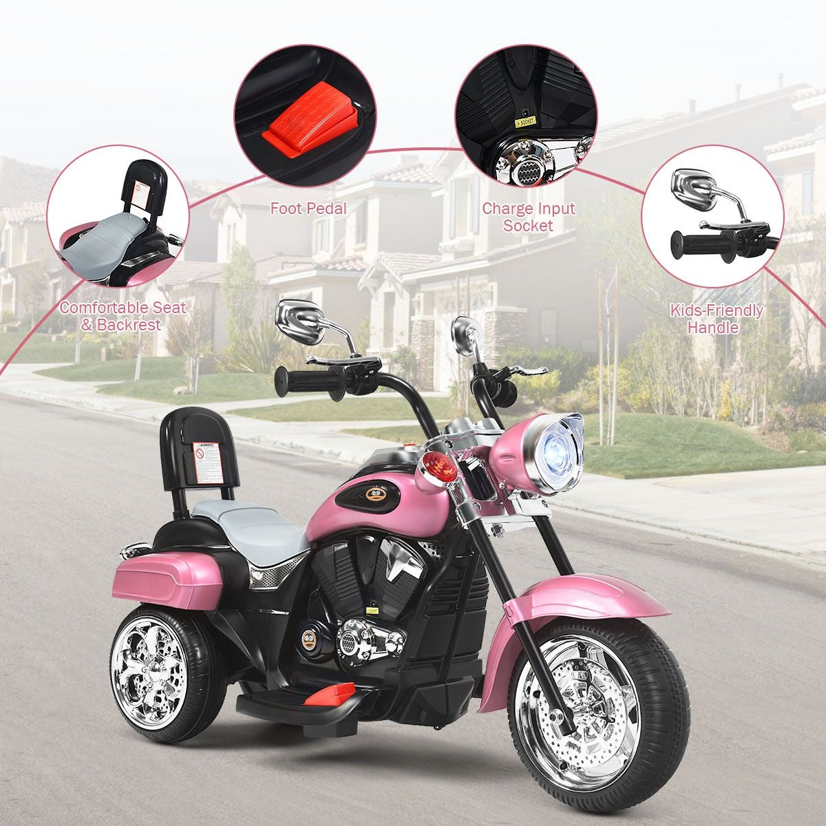 Coast elektrische motorfiets - voor kinderen - met achteruitkijkspiegel - driewieler - vertelbare koplamp - vanaf 3 jaar - 6V - 2,5-3 km/u - roze