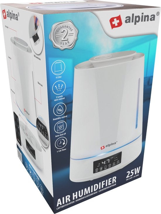 alpina Luchtbevochtiger 4L - Humidifier - Aroma Diffuser met Timer - Afstandsbediening - Wit