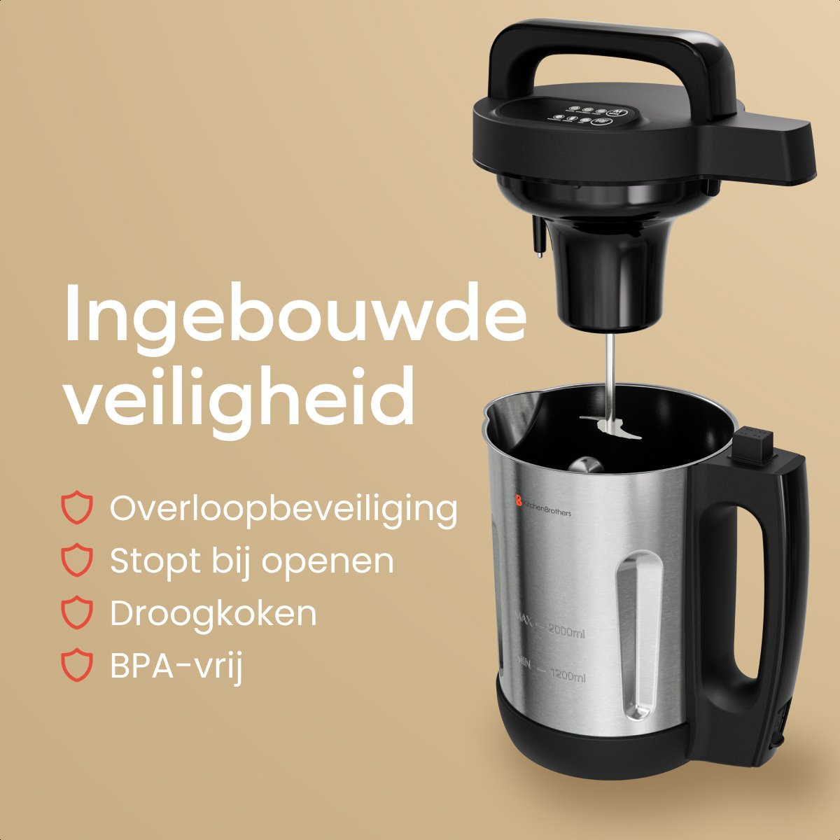 KitchenBrothers Soepmaker - 2L - 5 Programma's - Timer Display - Blender - RVS/Zwart
