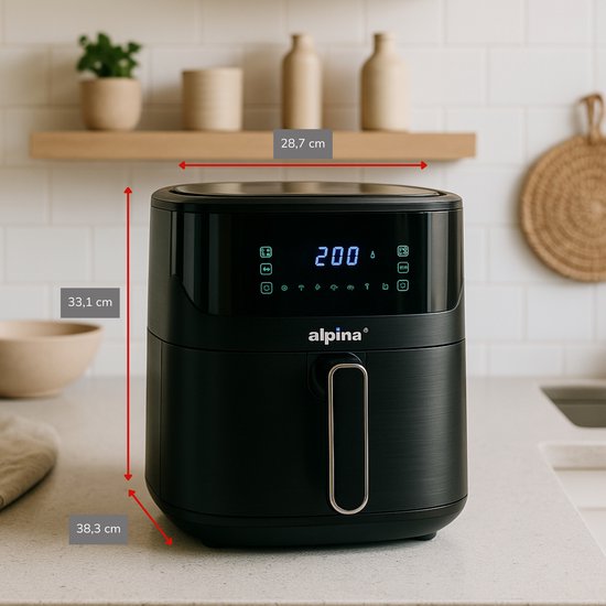 alpina Airfryer XL - Heteluchtfriteuse 6L - Air Fryer 2 tot 5 Personen - Heteluchtoven met Digitaal Touchscreen - Instelbare Temperatuur 80 tot 200 Graden - Timer Functie - 8 Kookprogramma's