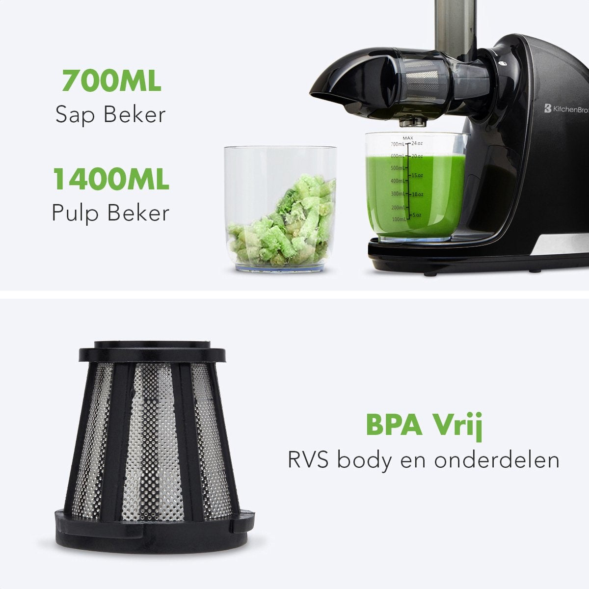 KitchenBrothers Slowjuicer - Juicer - Groenten en Fruitpers - 700ml - Zwart