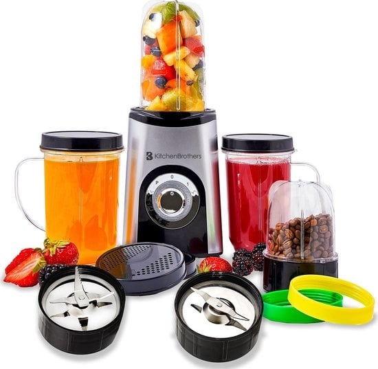KitchenBrothers Smoothie Blender - 2-in-1 Mini Blender - 4 Bekers - Zilver