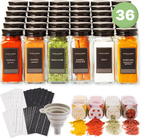 S.old - 36 Glazen Kruidenpotjes vierkant met Deksel Zwart - Kruidenstrooier - Complete set met Strooideksels, Voorbedrukte Stickers en Trechter - Inhoud 120 ml - 10,5 x 4,3 cm