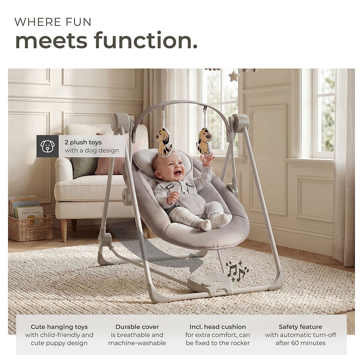Tectake Babyschommel 75,5 x 56 x 68 cm - 5 Snelheden/Timer - 4 Geluiden - Lichtgrijs