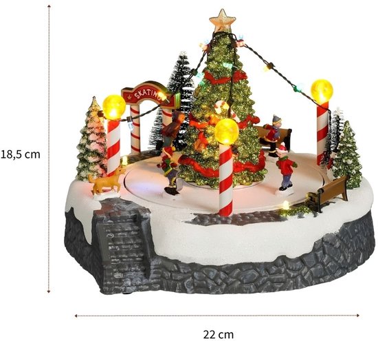Luville Kerstdorp Kerstboomscène met Schaatsbaan - Kerstversiering met Bewegende Figuren en LED-verlichting - Guirlande op Batterijen - Kerstslingers voor Binnen - 22 x 22 x 18,5 cm - Wit
