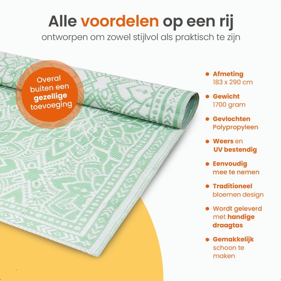 Goliving Buitenkleed Summer Flora - 183x290CM - Tuintapijt - Buitentapijt - Vloerkleed - Tuinkleed - Omkeerbaar - Incl. Draagtas - Groen/Wit