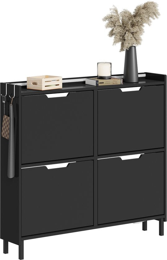 SoBuy Schoenenkast voor entree - Schoenenrek van hout met led en design - Voor entree en hal, voor kleine ruimtes - Zwart, 100 x 19 x 93 cm, FSR100-E-SCH