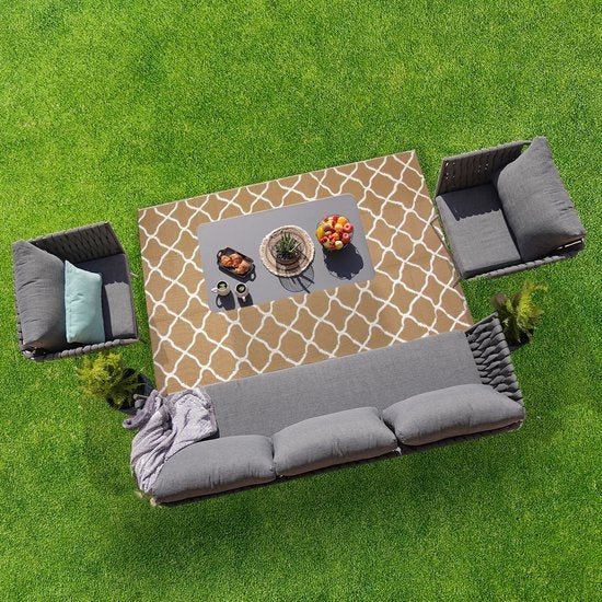LifeGoods Buitenkleed - 120x180CM - Vloerkleed - Tuintapijt - Omkeerbaar - Incl. Draagtas - Met Patroon - Beige/Wit