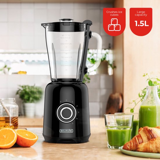 Bourgini Retro Blender - 5 snelheden en pulsfunctie - 1,5 Liter - Blender Smoothie - 500 Watt - Zwart