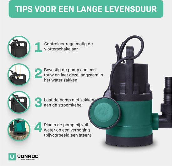 VONROC Dompelpomp/Waterpomp 300W – 6500l/h – Voor schoon en licht vervuild water – Met vlotter