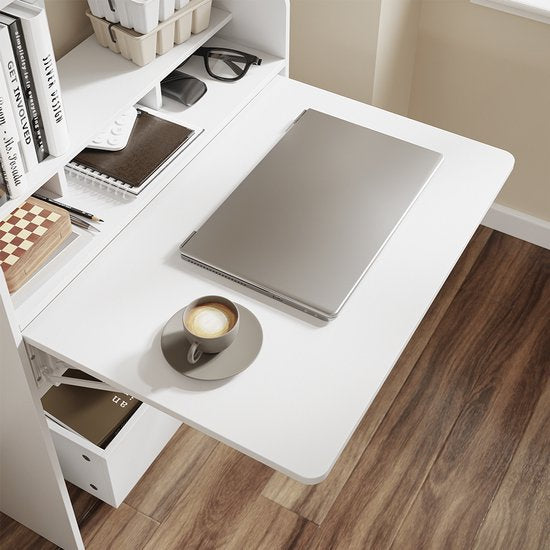 SoBuy Wandklaptafel FWT105-II-W - Multifunctionele Ruimtebesparende Klaptafel met Wielen - Inklapbaar Bureau met Lade en Planken - Wit