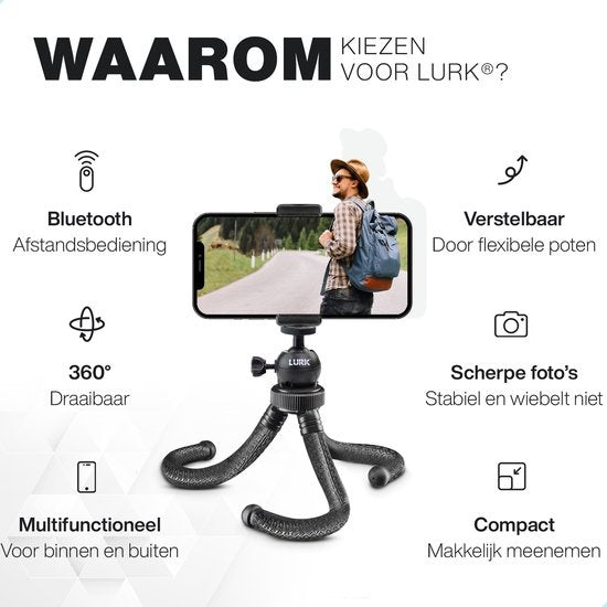 LURK® 3 in 1 Flexibele Octopus Tripod statief voor smartphone & (actie)camera - Incl. telefoonklem en bluetooth afstandsbediening - 25 cm