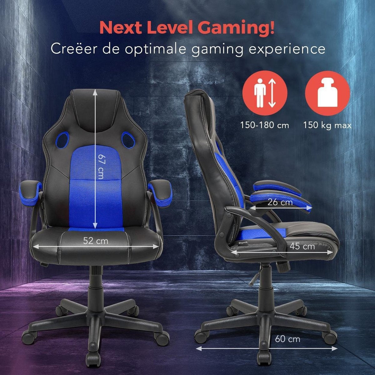 LifeGoods Gamestoel - Verstelbaar - Gaming stoel - Kunstleer - Blauw/Zwart