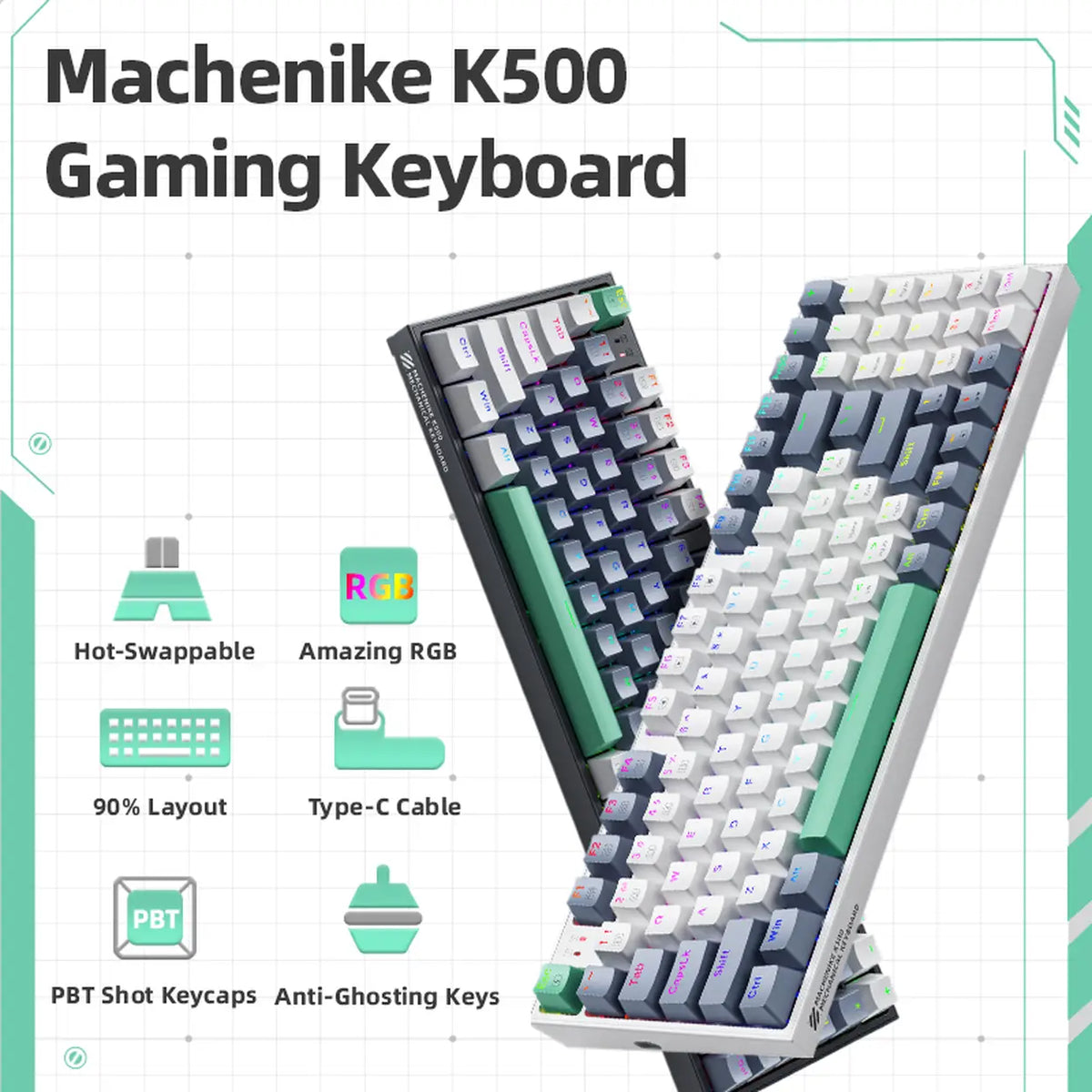 Machenike K500-B94 90% Mechanical Wired Keyboard, QWERTY US layout, Brown Switch RGB Gray