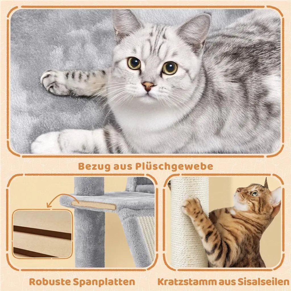 Yaheetech krabpaal 146 cm - met 2 kattenholen - 3 uitkijkplatforms - lichtgrijs