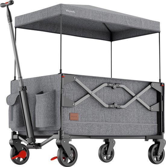 LifeGoods Bolderkar - Opvouwbaar - Kinderenvervoer - Met Dak - 80KG Draagkracht - Strandkar - Draaibare Wielen - Grijs
