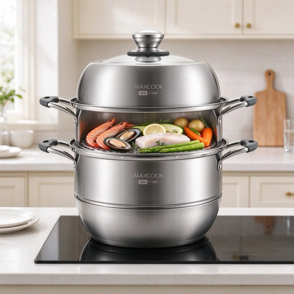 Maxcook 3-laagse stoompan 28 cm - RVS 304 - inductie en gas