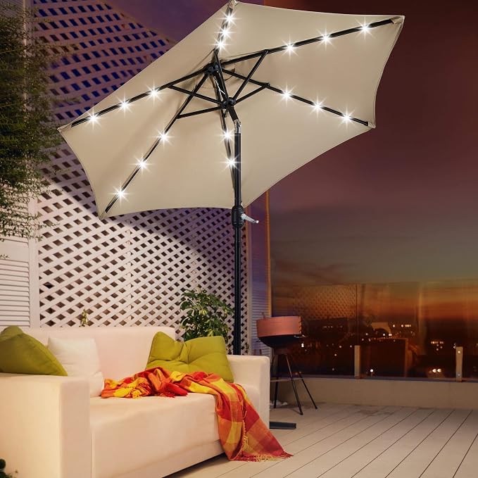 Yaheetech Solar Parasol Ø 230 cm met Vulbare Voet - Beige - Tuinparasol met 18 LED-lampjes, Slinger en Kantelfunctie