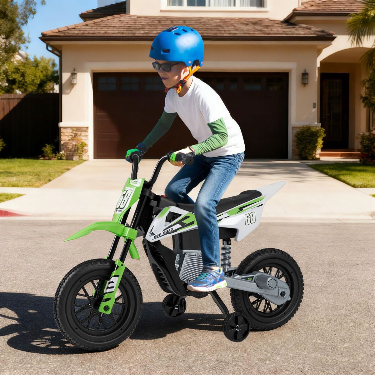 Coast Elektrische Kinder Motorfiets - muziek en Bluetooth - afneembare zijwieltjes - groen