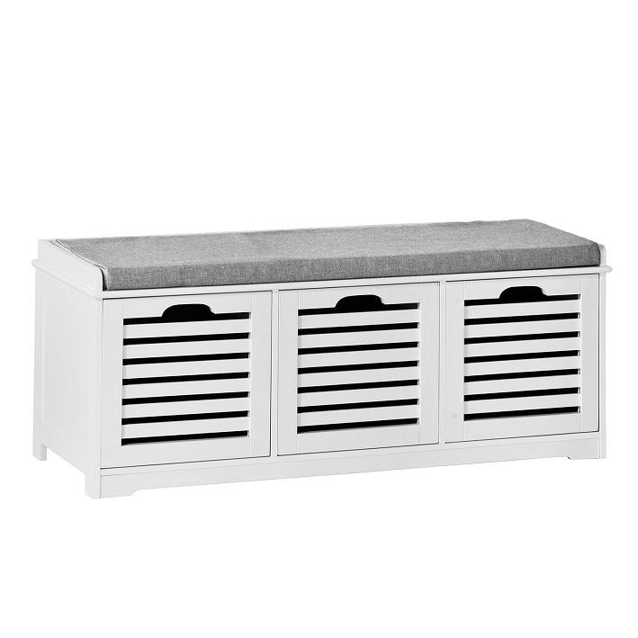 SoBuy Schoenenkast met gestoffeerd zitvlak - 3 Manden  -Landelijk - Max. 120 kg -105 x 35 x 43 cm - Wit / Grijs