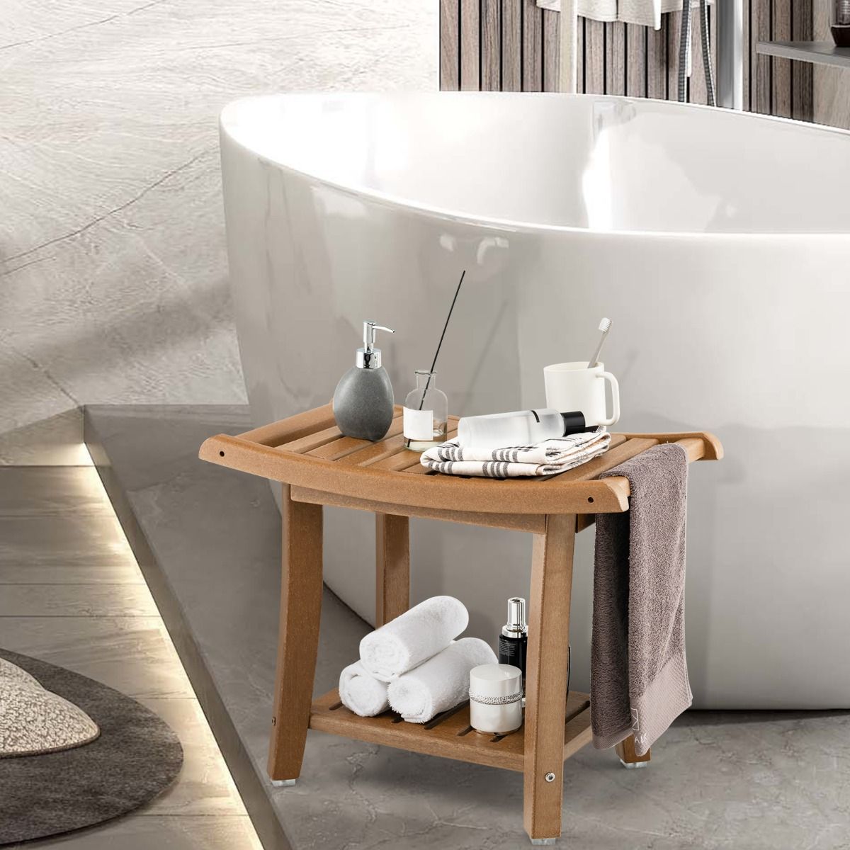 Coast Douchekruk - waterdicht - gebogen zitting - opbergplank - bruin - 60,5 x 34 x 48 cm
