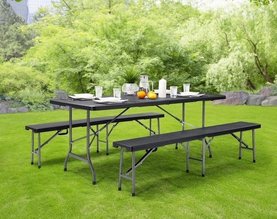 Casaria Picknickset – 2 Banken 1 Tafel Kunststof Metaal - Zwart