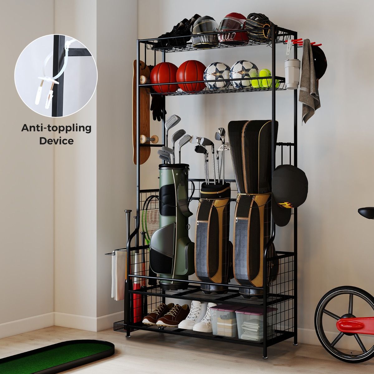 Coast Sportartikelenorganizer - met wieltjes - 4 haken - extra rek voor rackets - zwart 132 x 40,5 x 194 cm