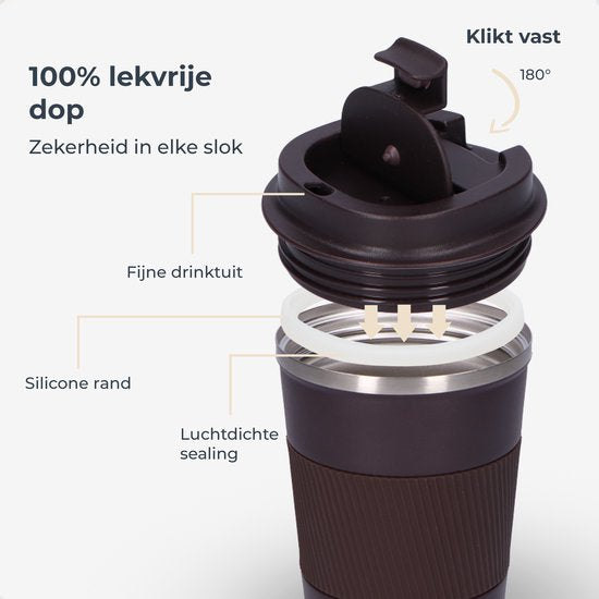 Castagnola Thermosbeker - Koffiebeker To Go - Travel Mug voor Koffie en Thee - Theebeker - 380 ML - RVS - Bruin