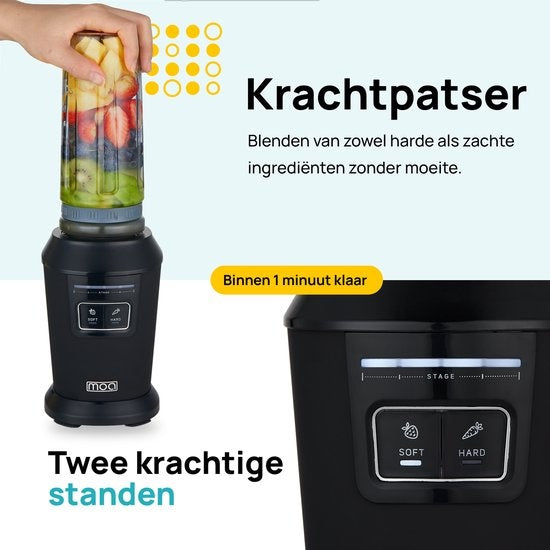 MOA Blender - Blender to Go - Mini Blender - 2 Tritan Bekers van 600ml - Smoothie Maker - 800W - Zwart - MB10B