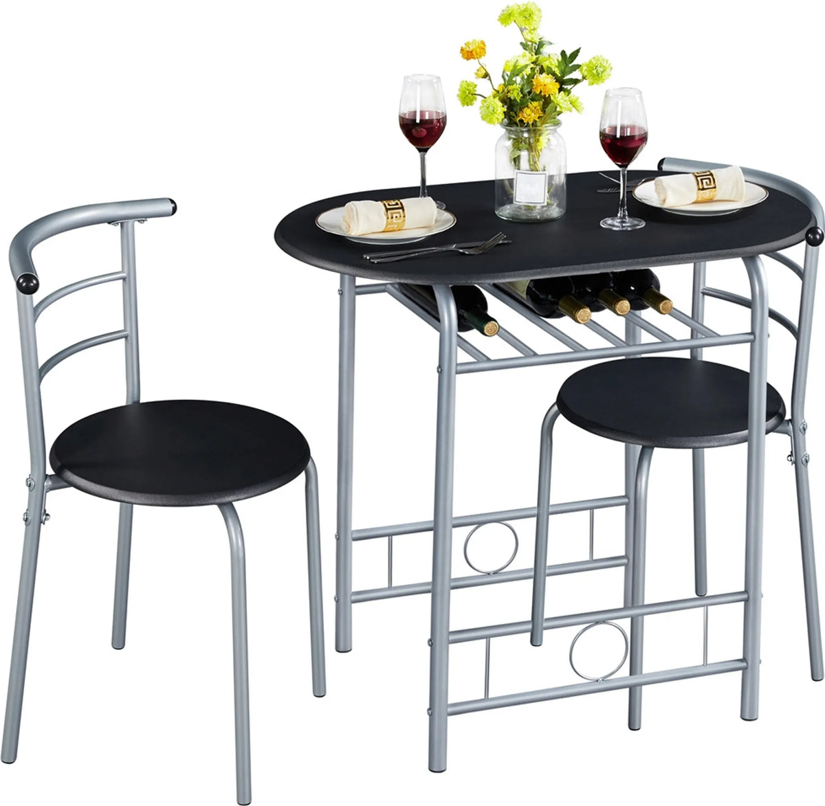 Yaheetech Eethoek Set Van 3 – Voorzien Van Tafel Met 2 Stoelen En Verstelbare Opbergplank En Waterafstotende Coating – Voor Keuken En Eetkamer – Zwart Metaal En MDF – 80 x 53 x 73,5 cm