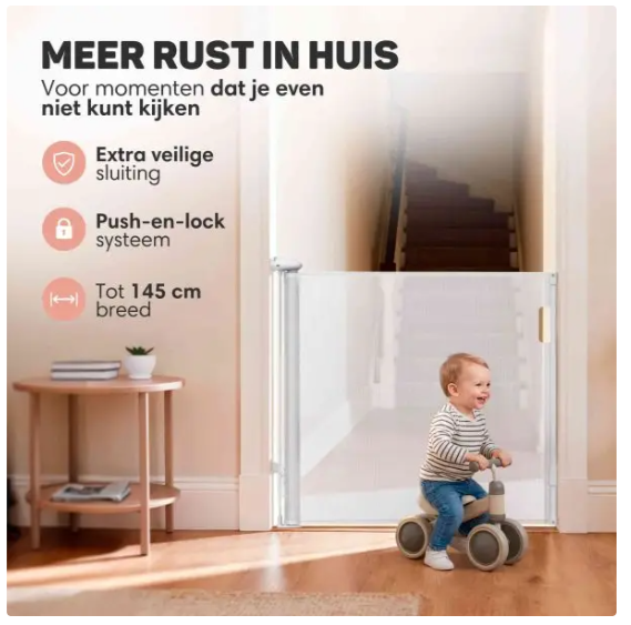 Vulpes Goods® – Oprolbaar Traphekje – 145 x 84 cm – Voorzien Van Push-En-Lock Kinderslot En Kleurindicator En Eénhandige Bediening – Voor Kinderen En Huisdieren – Wit Kunststof En Gaas