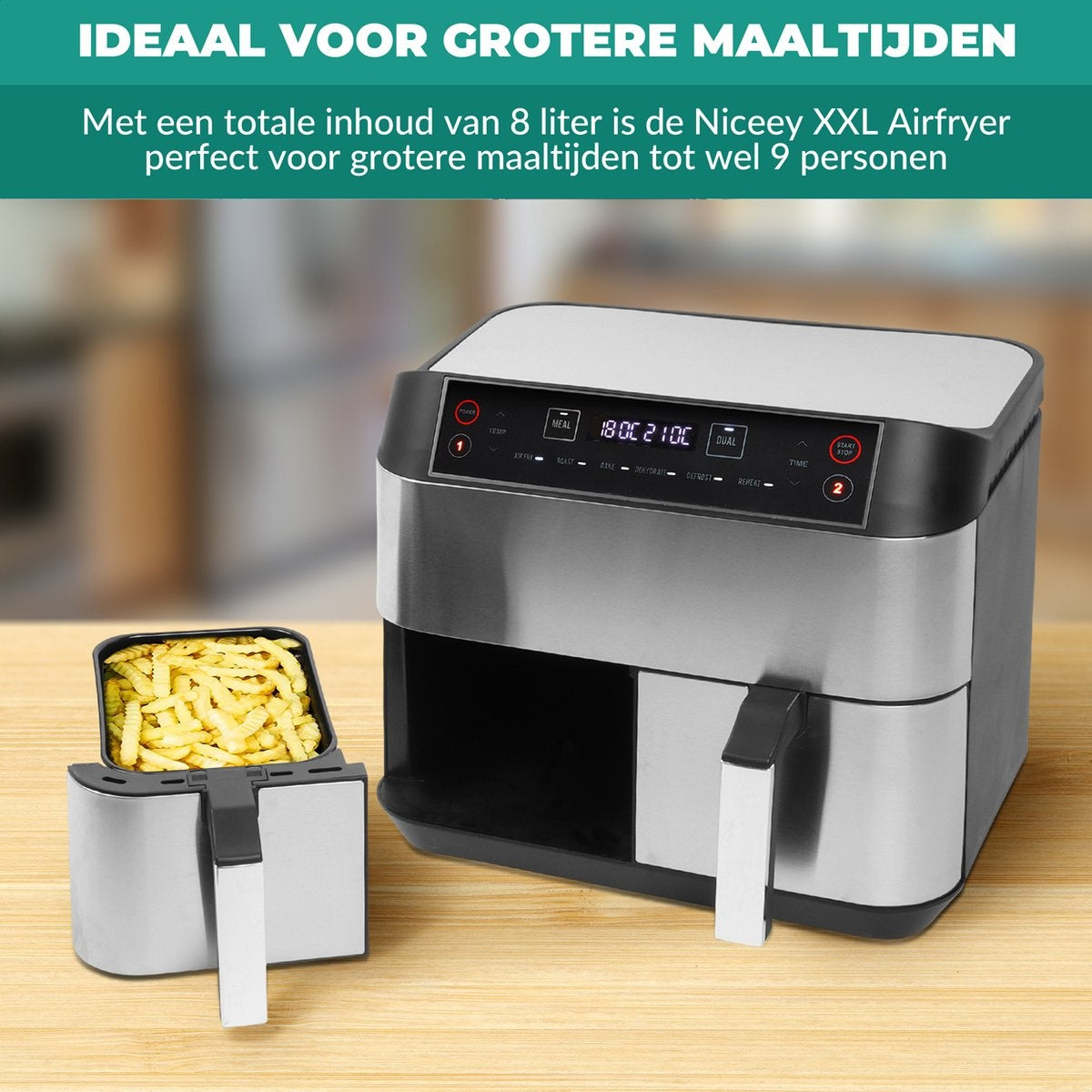 Niceey Dubbele Airfryer XXL - 8L - 2460W - Zilver