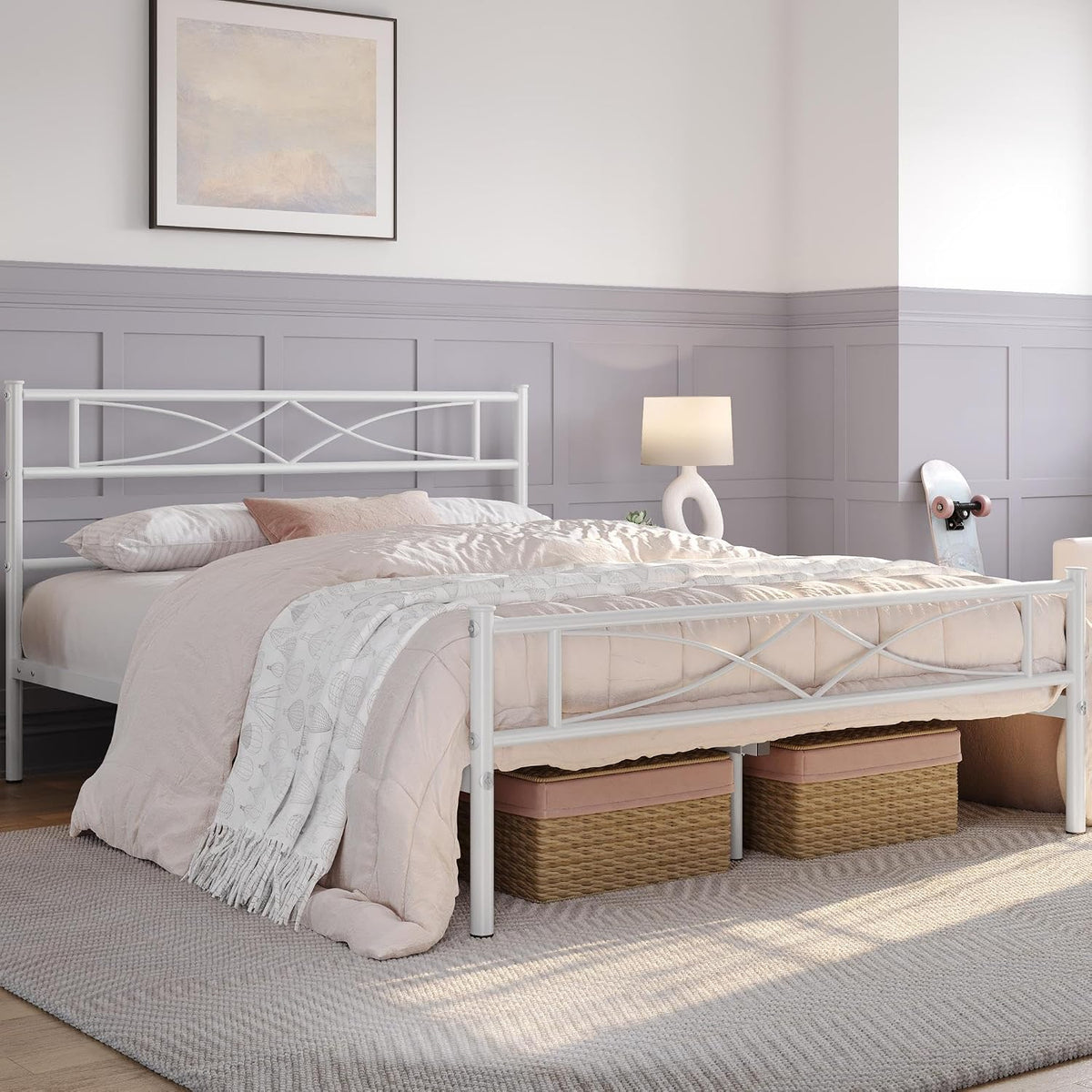 Yaheetech Metalen bedframe - Hoofdbord met kruisdesign - 140 x 200 cm - Wit