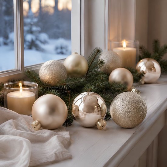 Mica Decorations Kerstballen - 26 Stuks - Kerstversiering voor de Kerstboom - Glimmende en Glitter Ornamenten - Piek en Ballen in Diverse Formaten - Ø7 cm - Crème