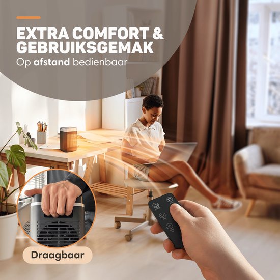 Vulpes Goods® Tech - Elektrische Kachel met Afstandsbediening - Ventilatorkachel - Keramische Kachel - 4 Standen - 1500W - Roterend, Timer & Thermostaat - Heater - Elektrische Verwarming voor Binnen - Zwart