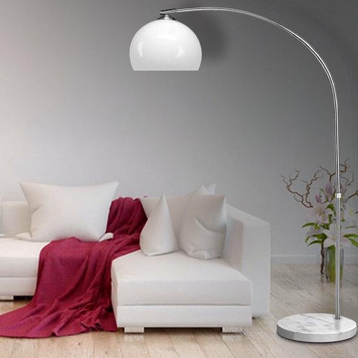 Monzana Retro Design Booglamp - Staande Vloerlamp - Verstelbaar 190-210 cm - Opaalwit - Zilver